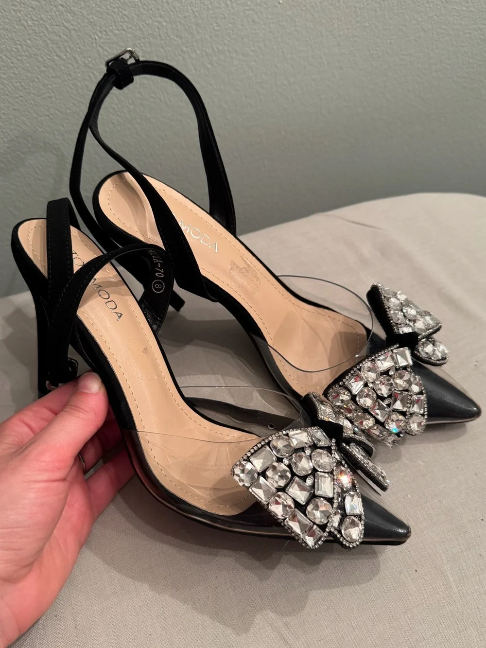 TOP Moda Black Pointed Slingback Heels with Crystal Bow